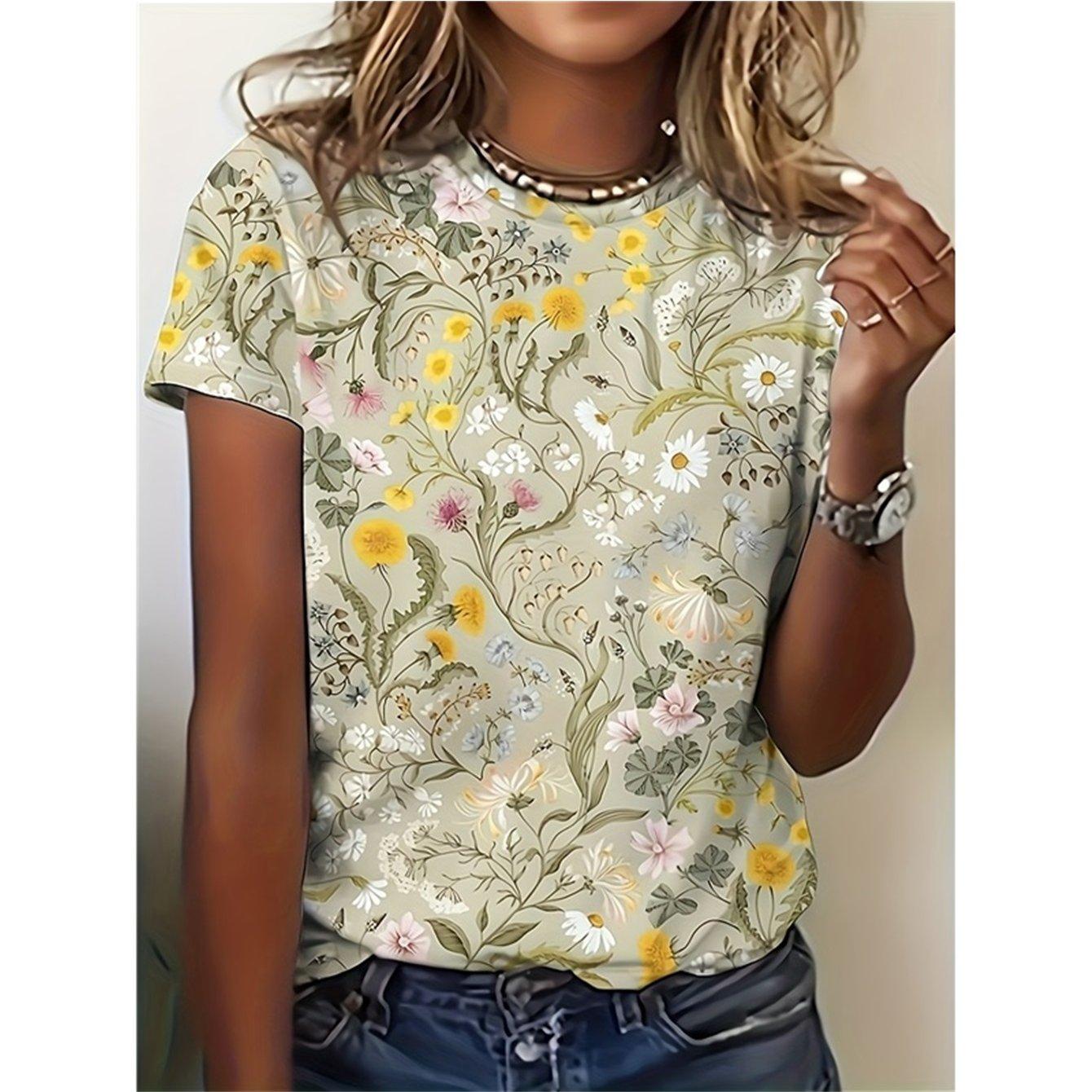 Women s floral short sleeved T-shirt - Spring/Summer casual top 2XS