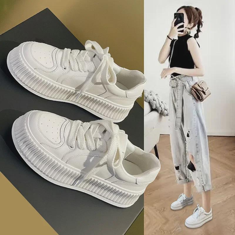 Women's 2023 Spring Genuine Leather Thick-Soled White Height-Boost Biscuit Sneakers
