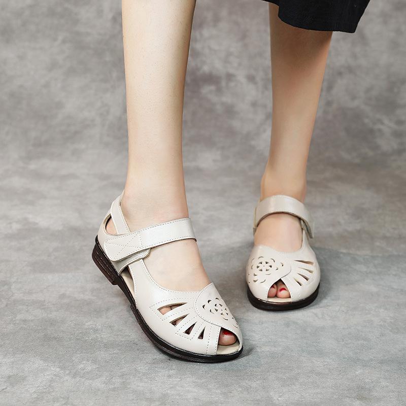 Középkorú Nők Divat Alkalmi Nyári Őszi Lapos Valódi Bőr Kerek Orrú Kivágott Szandál