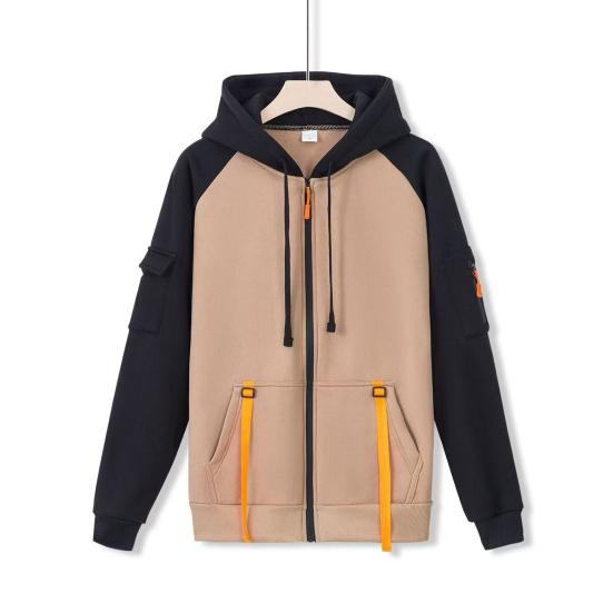Men Hooded Jacket Autumn Winter Zip-up Hoodie Multi-Pocket Fleece Lined Sweatshirt Jacket for Daily