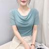 Summer Women's Draped Design O-Neck T-Shirt Trendy Elegant Short Sleeve Mesh Tops New Casual Fairy Tees Blouse