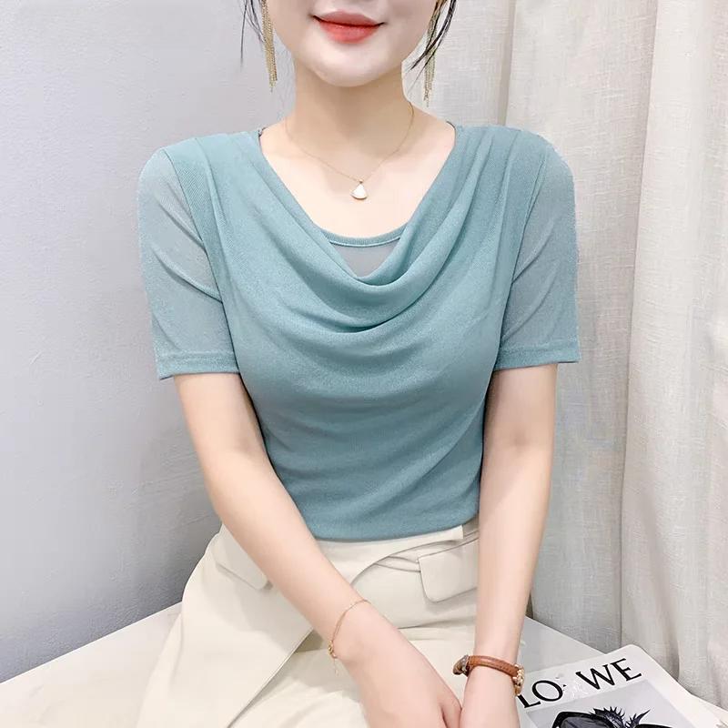 Summer Women's Draped Design O-Neck T-Shirt Trendy Elegant Short Sleeve Mesh Tops New Casual Fairy Tees Blouse