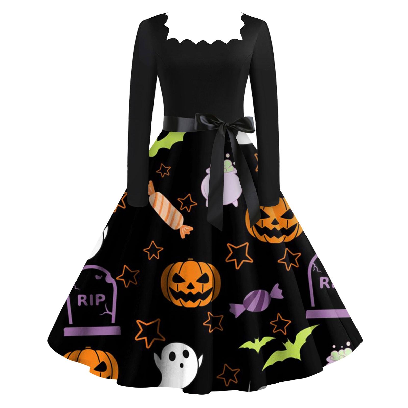 Women s Fashion Round Neck Casual Slim Fit Halloween Printed Long Sleeve Dress M