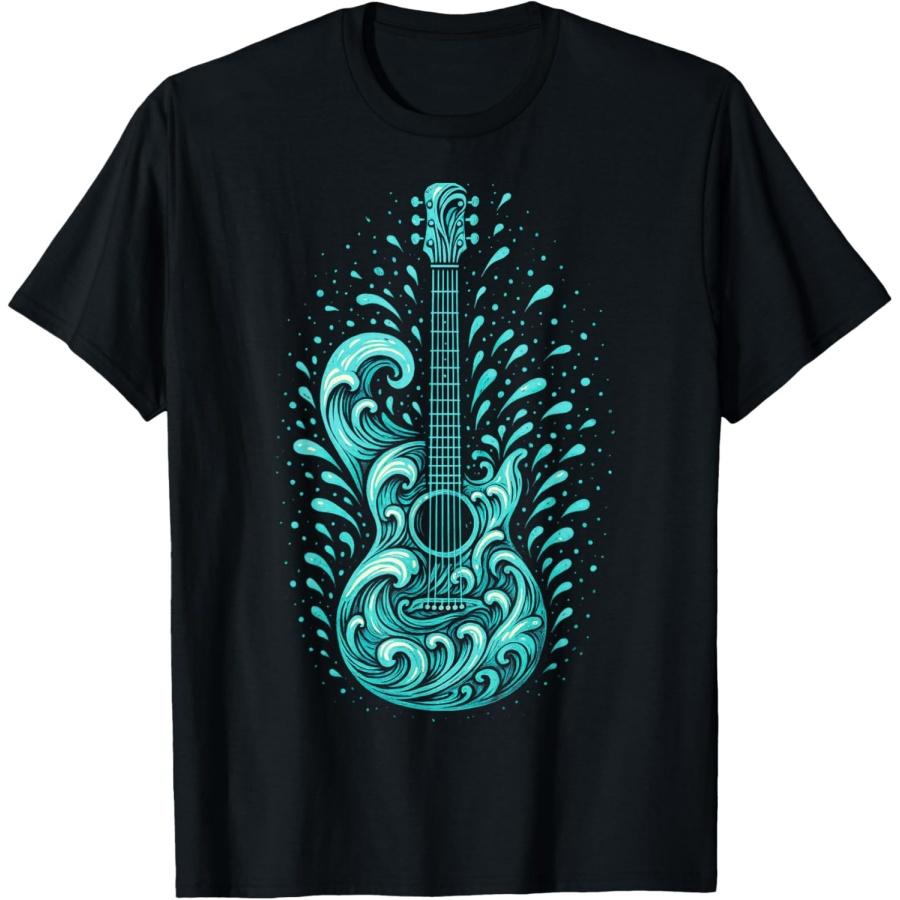 Guitar Music Waves Ocean Teal Art Rhythm Blues T-Shirt S