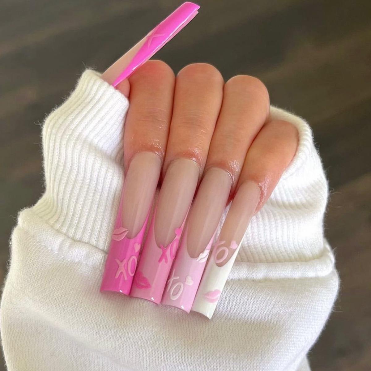 

Valentine s Day Long Water Pipe Wearable Nail Art - Removable French False Nails