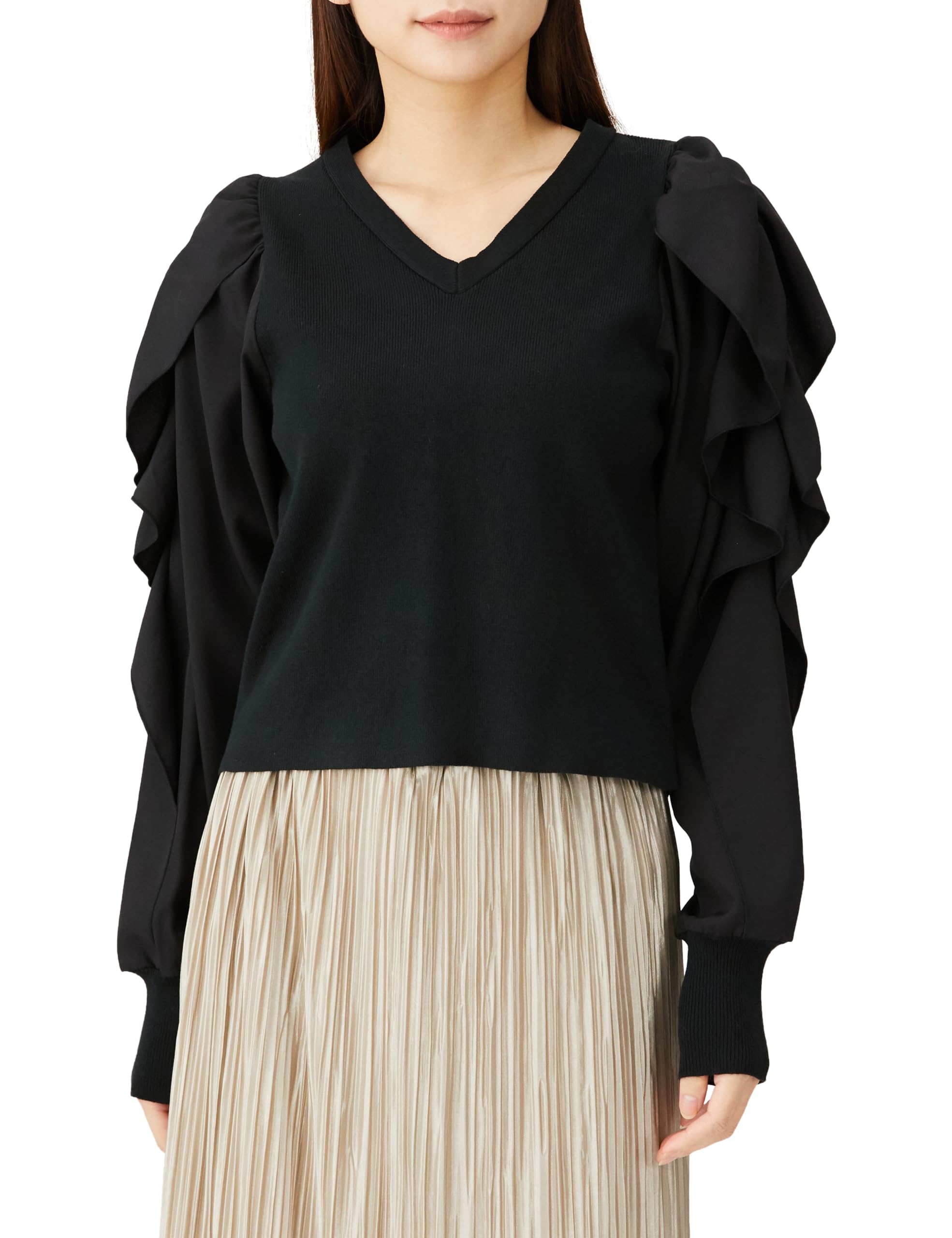 

Bis Knit Top with Ruffled Black Maine BVM43070 Women s Sleeves, (01),