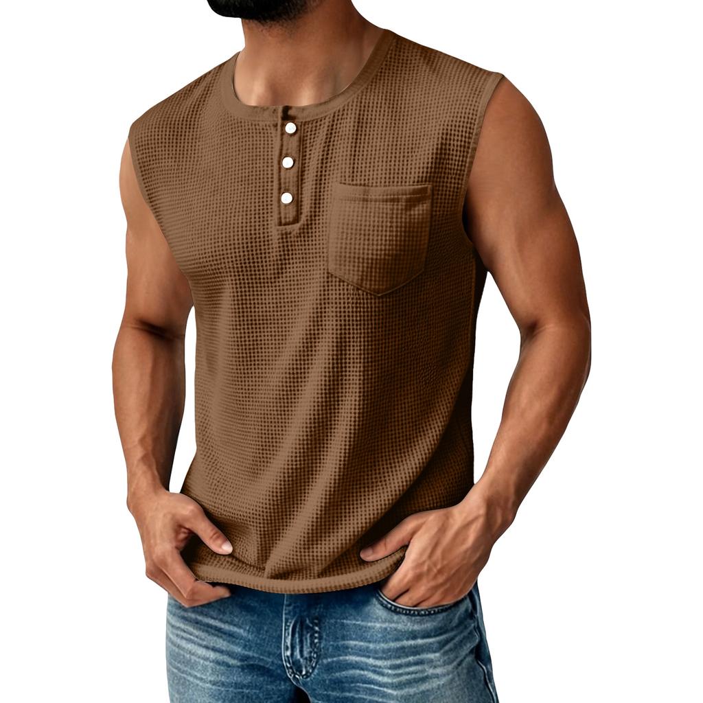 Canotta Henley da uomo in maglia senza maniche con taschino sul petto e chiusura a bottoni, vestibilità casual atletica per l'uso quotidiano