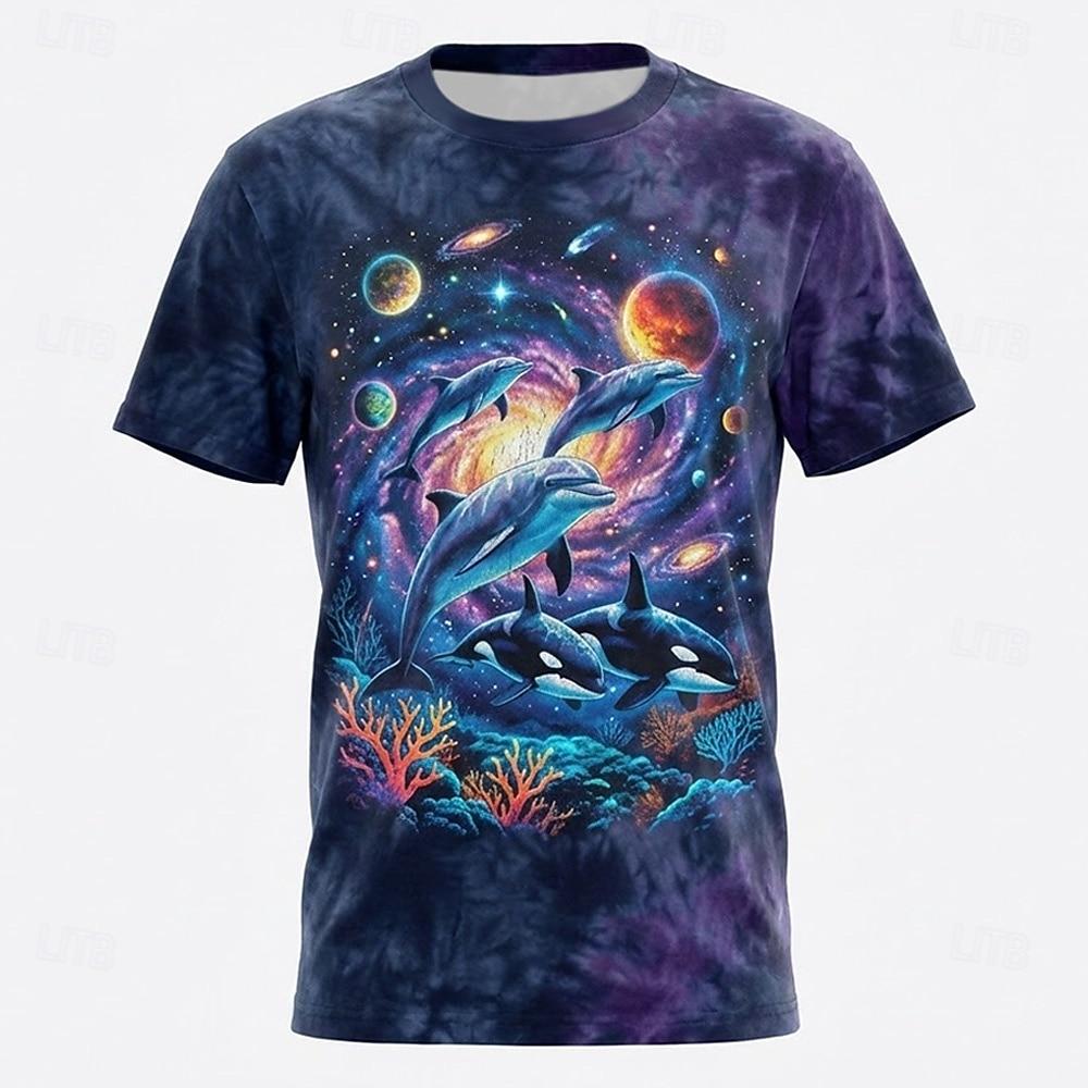 Retro 90s Cosmic Dolphin Orca Space Galaxy 3D Graphic T Shirt Mens Purple Tie Dye Marine Life Tee Clothing Apparel S M L XL XXL XXXL XL
