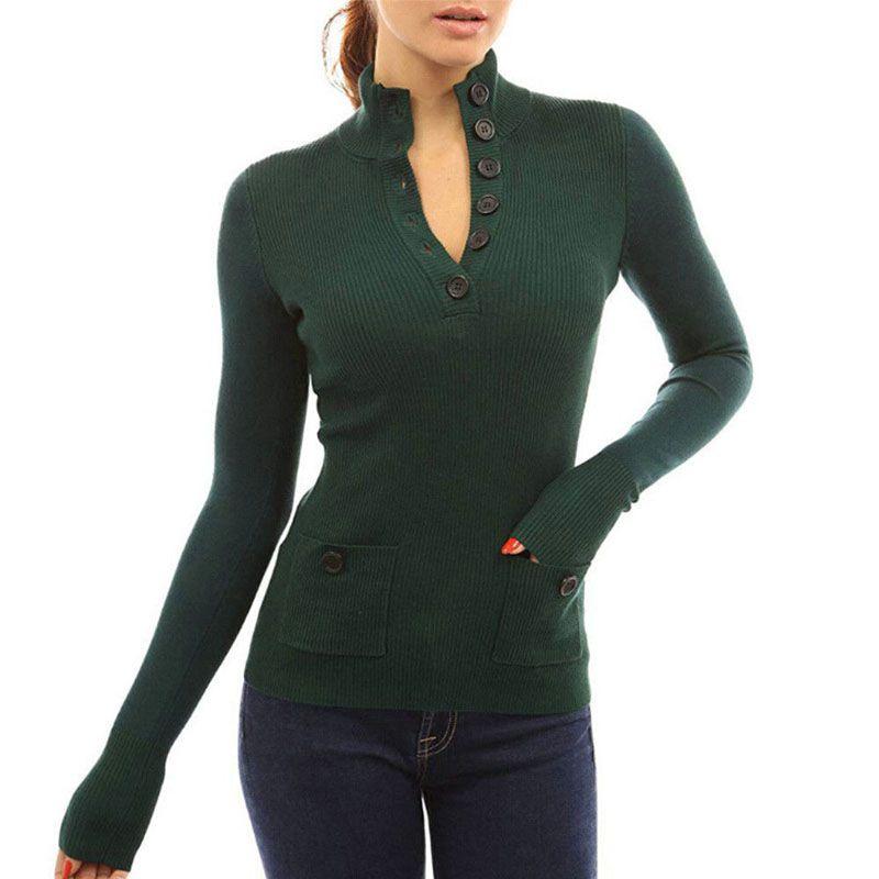 Top casual a collo alto a maniche lunghe da donna, maglione in maglia, T-shirt con bottoni, camicetta, in tessuti di alta qualità per il comfort di tutto il giorno