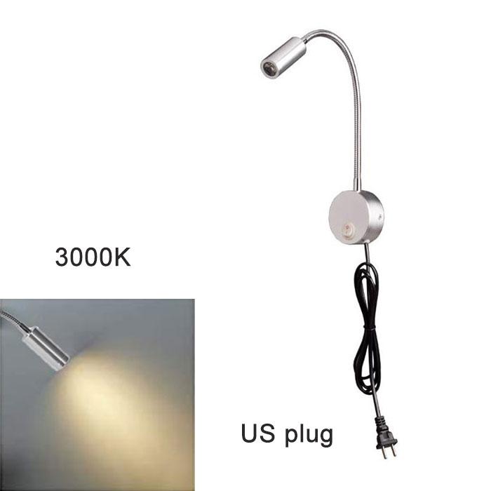 AC100-240V Silver 3W 3000K 4000K 6000K LED Reading Lights with EU USA Plug for Bed Headboard Desk Aluminum Goosene wall lamp