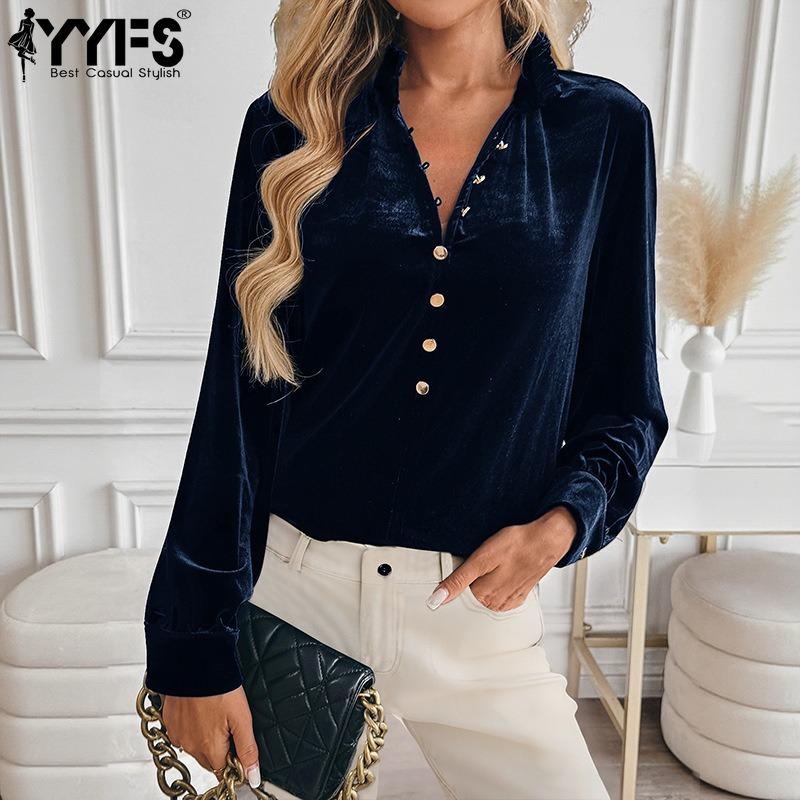 YYFS Women's Fashion Casual Spring Autumn Solid Color Print Long Sleeve V-Neck Blouses & Shirts