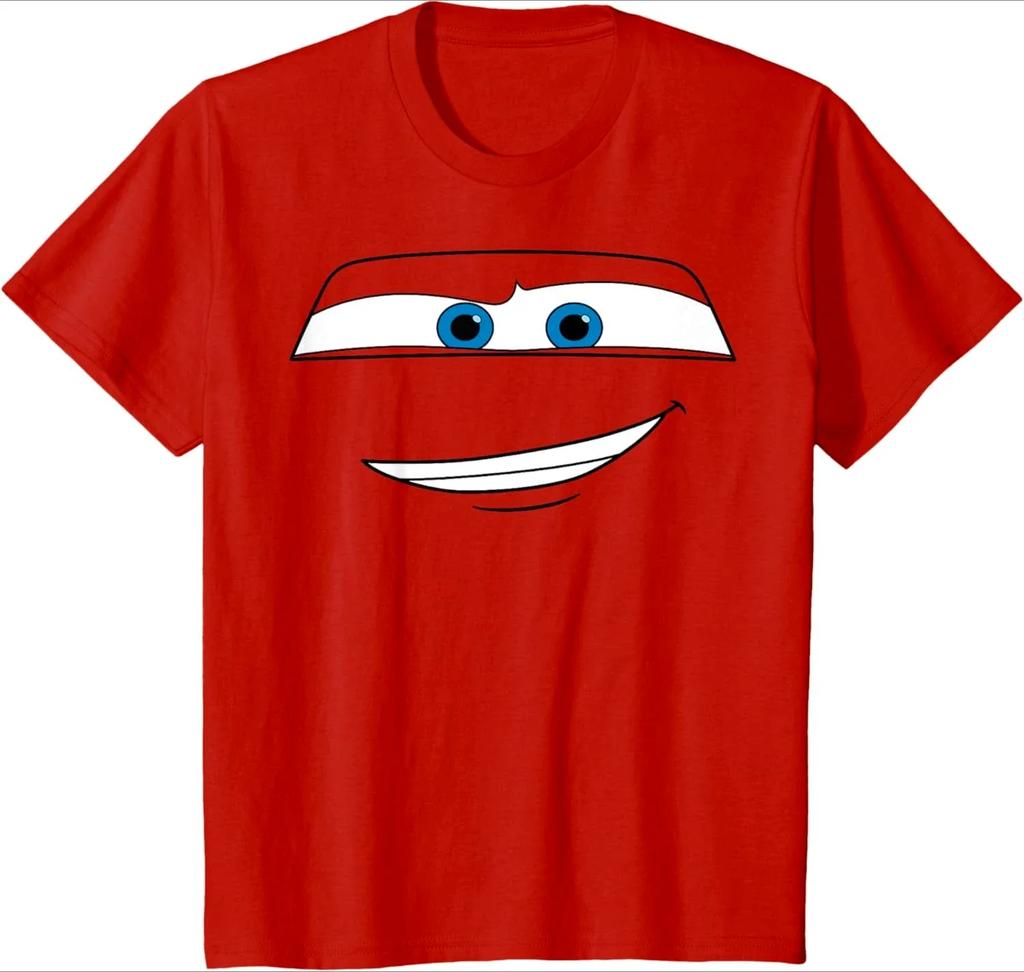 T-shirt d'été à manches courtes Rouge Disney Pixar Cars Flash McQueen Grand Visage Coton Hommes Femmes Haut Tee Streetwear Couple Unisexe
