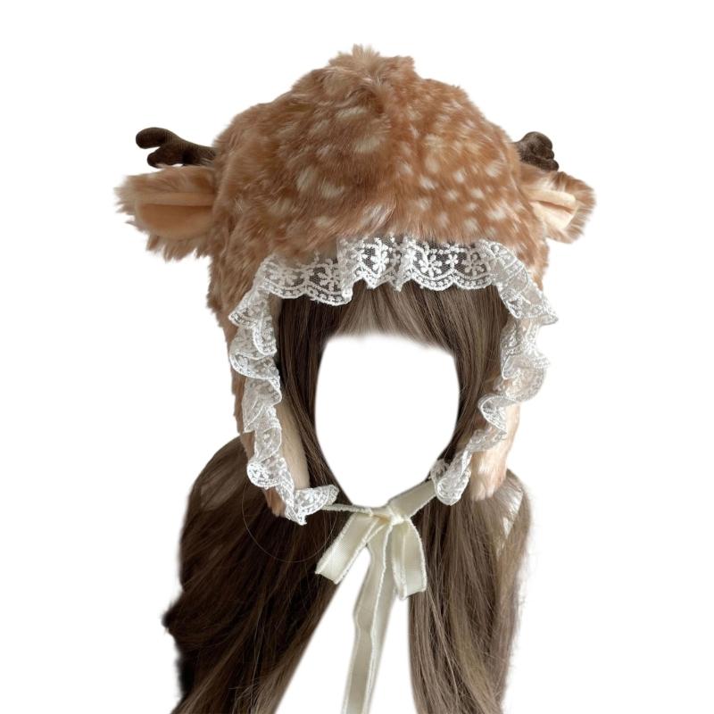 Cartoon Head Wrap Furry Deer Soft Thicken Trapper Hat for Women Outdoor Wear Lace Brim Holiday Party Photo Props