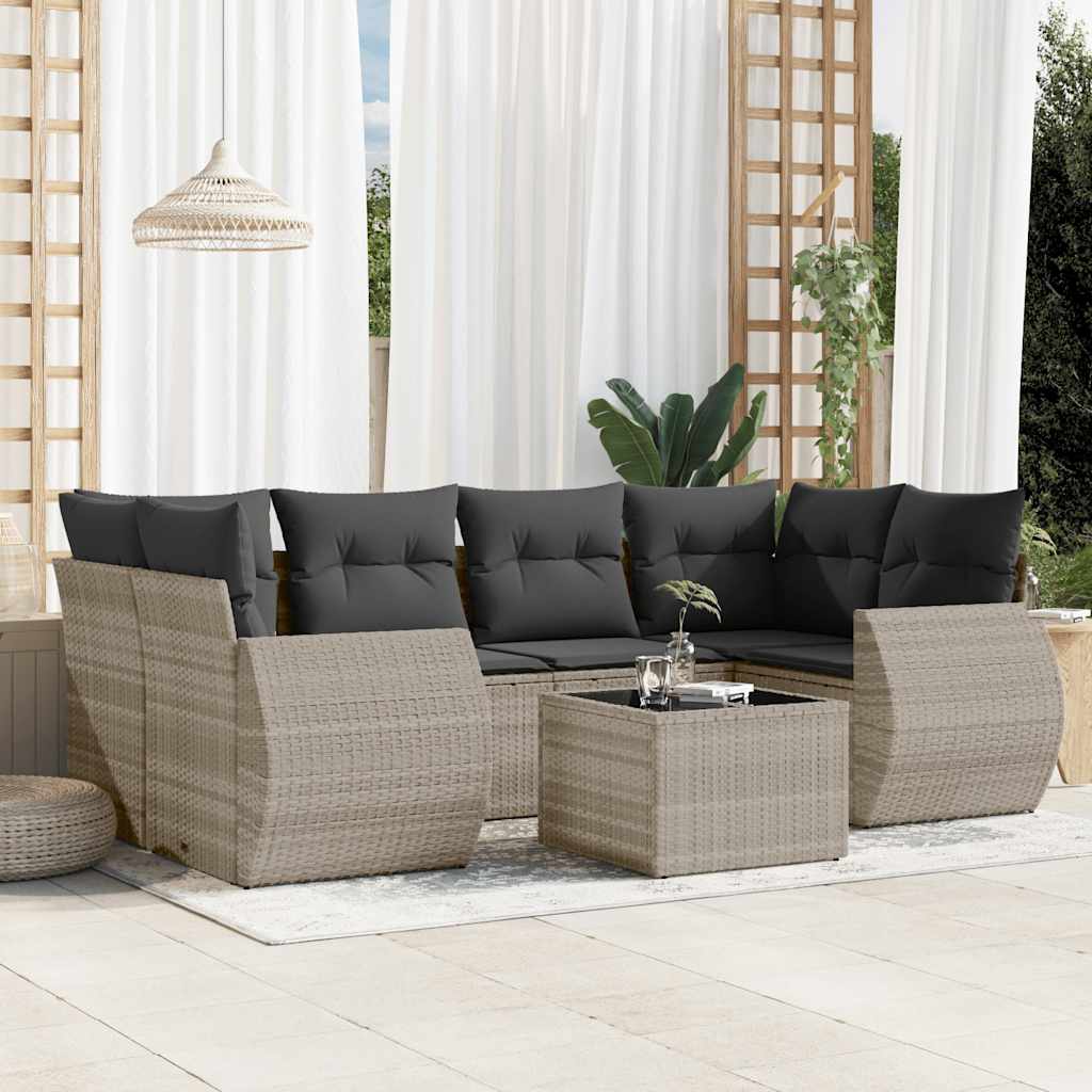 7 Piece Garden Sofa Set with Cushions Light Gray Poly Rattan
