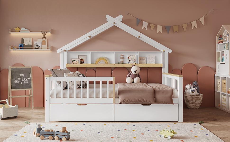 Çocuk Yatağı, Düşme Koruması ve Kenarlığı ile, Eşsiz Çatı Tasarımı, 2 m Depolama Rafı, Tekerlekli İki Çekmece, Çam+MDF, Beyaz+Doğal, 140x200cm