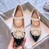 2025 New Princess Shoes French Pearl Round Buckle Velcro Girls Single Shoes Foreign Style Flat Bottom Princess Small Leather Shoes Women