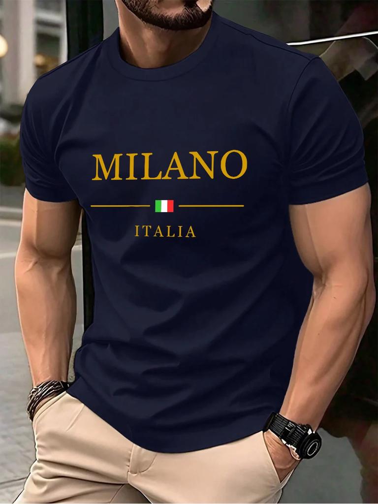 Milano Italien Letter Print Herren T-Shirts Baumwolle Sommer Oversized Rundhals Oberteile Kurzarm Weiches T-Shirt Lässige Herrenbekleidung