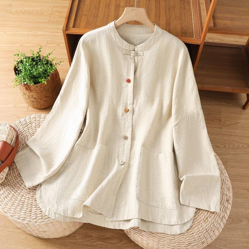Spring Women's Pink Frog Button Mandarin Collar Linen Shirt