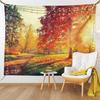 Fall Tapestry, Vibrant Misty Day in Forest Sun Rays Trees Foliage Fallen Leaves Calm View, Wide Wall Hanging for Bedroom Living