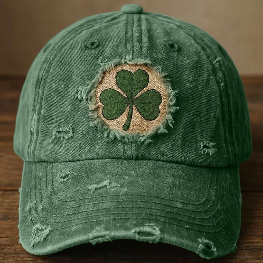 Distressed Washed Cotton Baseball Cap with Embroidered Clover Adjustable Vintage Style Dad Hat
