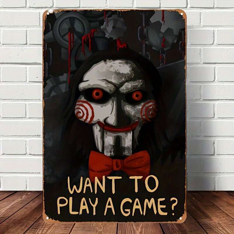 

Vintage Saw Billy Puppet Want To Play A Game Metal Tin Sign Retro Horror Movie Wall Decor for Home Party 20x30cm（7.8x11.8inch）