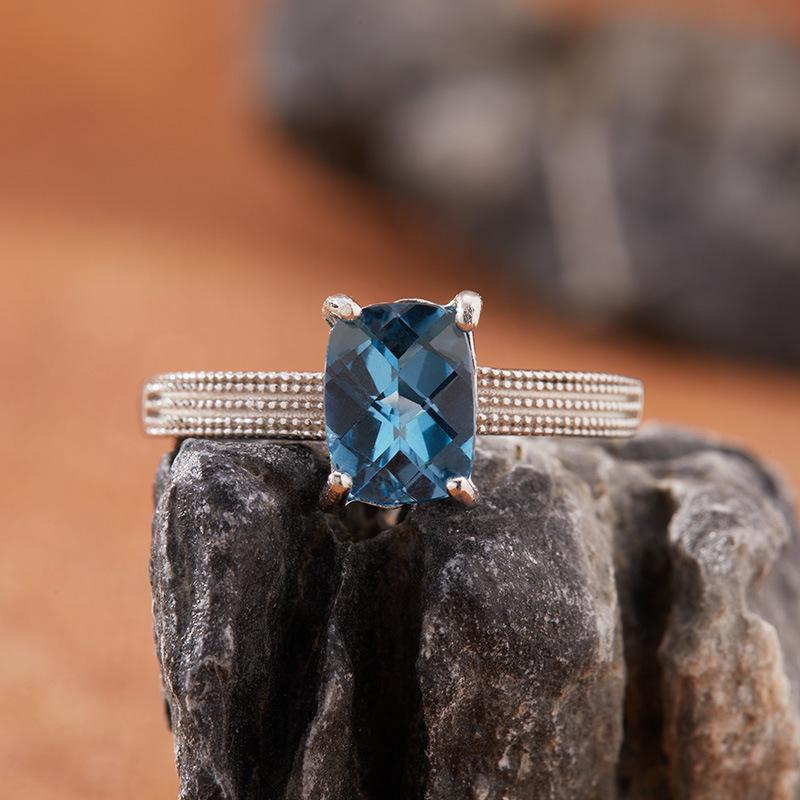 Natural London Blue Topaz Ring Women'S S925 Sterling Silver Sugar Cube Jewelry Simple And Versatile