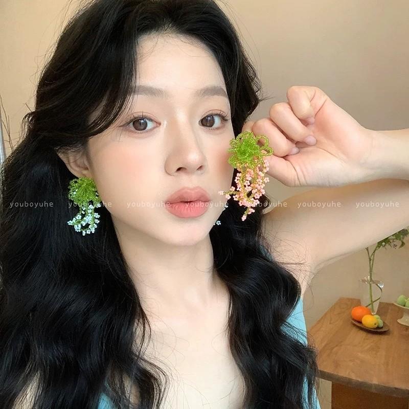 Fabric Flower Fringed Earrings Super Fairy Temperament Versatile Stud Earrings Niche Fashion High Sense Earrings Women