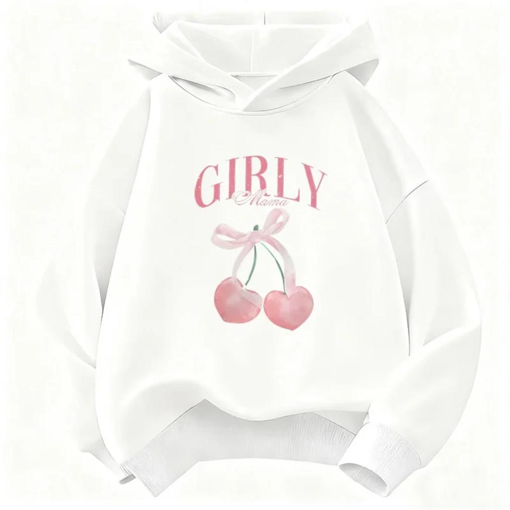 Children's Round Neck Hooded Sweatshirt Loose Comfortable Casual Stylish Outdoor Sports Cherry Print Long Sleeved