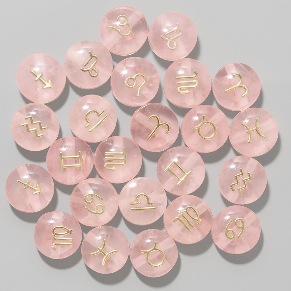 5pcs 8MM Pink Natural Rose Quartz Flat Round 12 zodiac signs constellation Stone Charms For DIY Making Jewelry