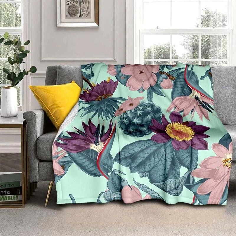 Módní přikrývka se zářivými květinami – lehký flanelový přehoz na pohovku, přikrývka s digitálním potiskem s měkkou a červotočivou flanelovou látkou