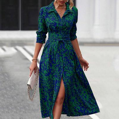 Summer Long Sleeve High Waist Split Sexy Dress Women Fashion New Print Elegant Vintage A Line Women Casual Dresses Lapel Loose Party Long Dress 25192