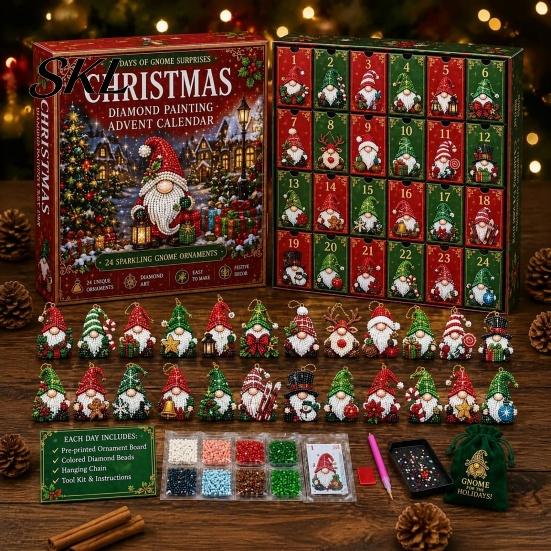 Stress Relieving Art Crafts 24-Day Gnome Advent Calendar, Faux Diamond Ornaments DIY Christmas Gift for Family Kit, Handmade Hanging Tree Wreath Home