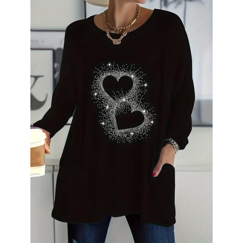 Women s plus size casual long-sleeved T-shirt with sparkling crystal heart design, side pockets, mid-stretch polyester fabric 5XL
