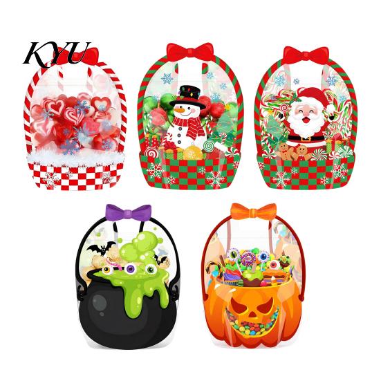 Candy Bags with Handle 2/4/6Pcs Clear Gift Bag for Halloween Christmas, Goodie Treat Holders Handle, Resealable Sealed Pouch Holiday Party Favors