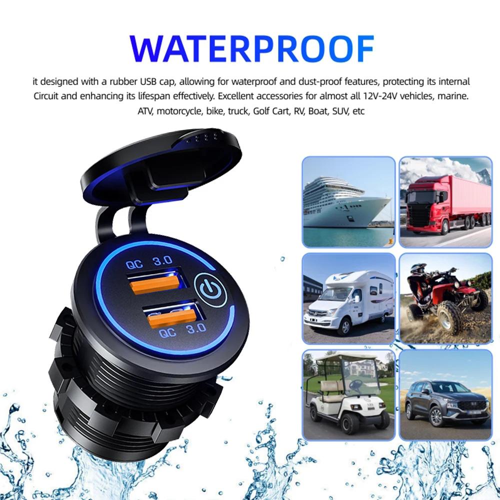 60W 2portová USB zásuvka pro rychlé nabíjení Napájecí zásuvka Upravená nabíječka do auta QC3.0 s dotykovým spínačem pro příslušenství pro auto a motocykl