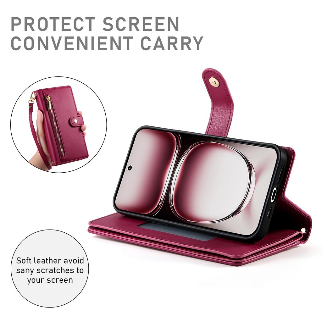 DF-011 For Oppo Reno12 5G (Global) Case Zipper Pocket Wallet Leather Phone Cover with Straps