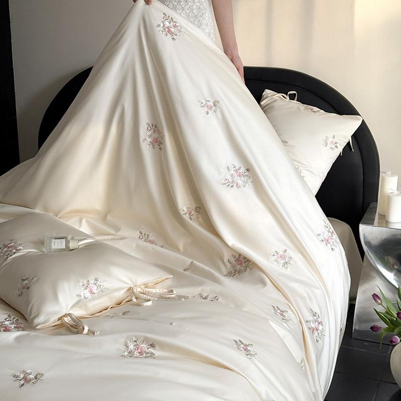 100S long-staple cotton satin bed four-piece set, cotton French girl heart embroidery pure cotton bed sheet quilt set three-piece set