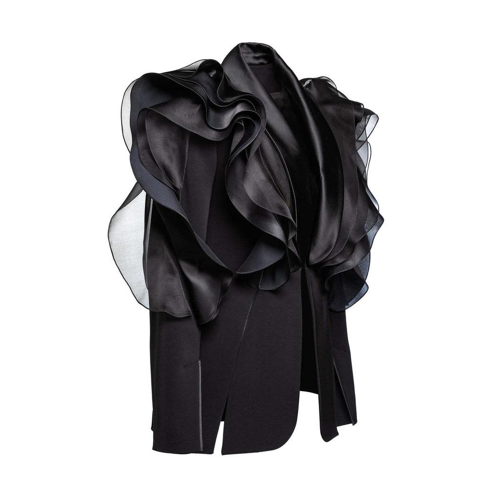 Niche Elegant Black 3D Ruffle Asymmetrical Slim Blazer