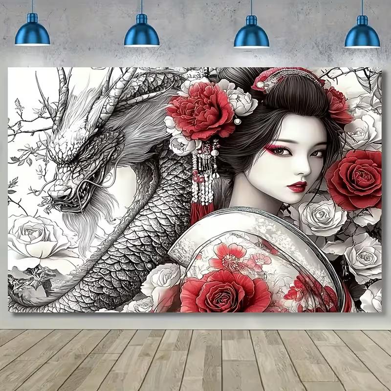 2D Oriental Geisha & Dragon Tapestry Red Floral Japanese Wall Art Decor 47.2x31.5inch/120*80cm