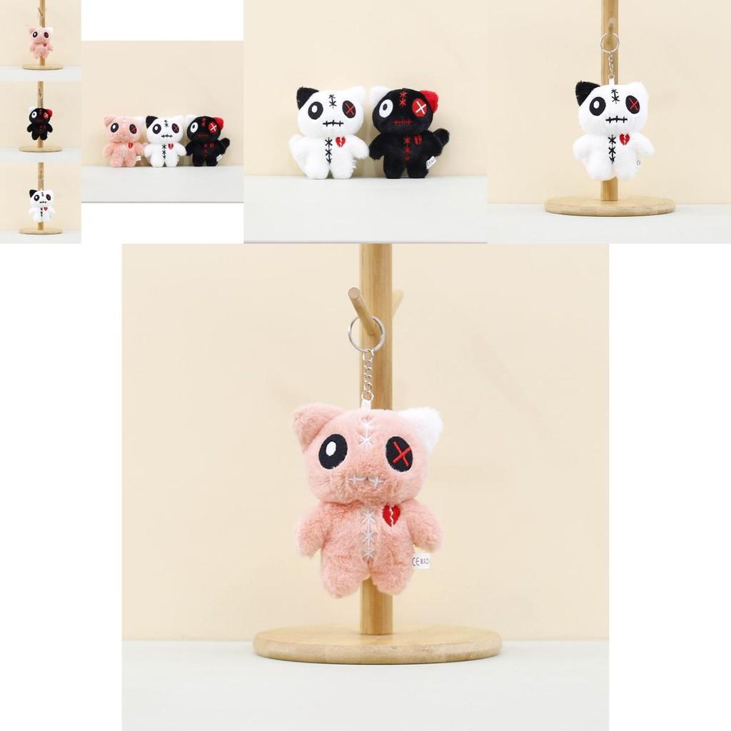 Fluffy White Black Pink Cat Plush Toy Keychain Adorable Big Eye Doll For Bags