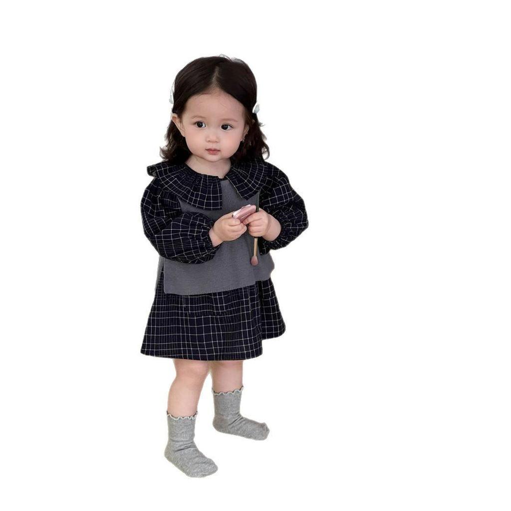 New 2025 Korean Style Plaid Dress Set for Baby Girls - Autumn Collection