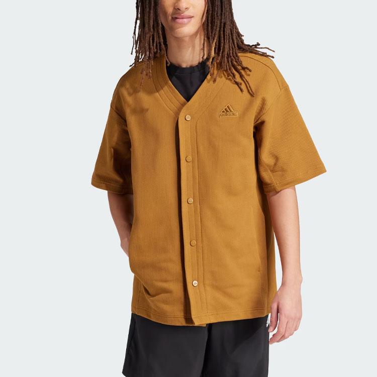 Adidas Lounge Piqué Froté Baseballová Košile Jednobarevná Jednoduchá Ležérní Značkový Potisk Výstřih do V Krátký Rukáv Pánské Košile Žlutá IS1608