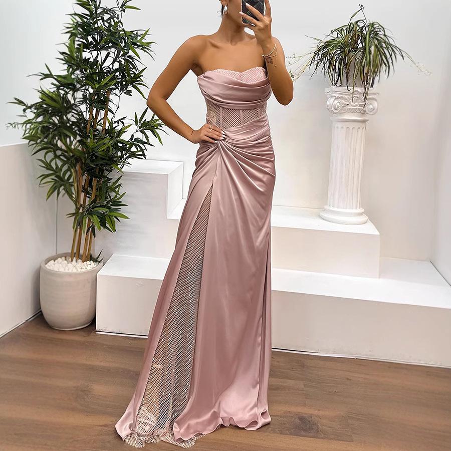 European-American Satin Tube Party Dress: Casual Ins-Inspired Patchwork Fashion