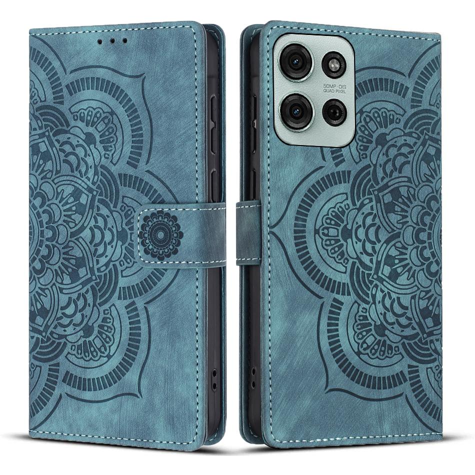

For Motorola Moto G75 5G Leather Case WANLONFENG HDM Series Mandala Imprint Wallet Stand Phone Cover Blue