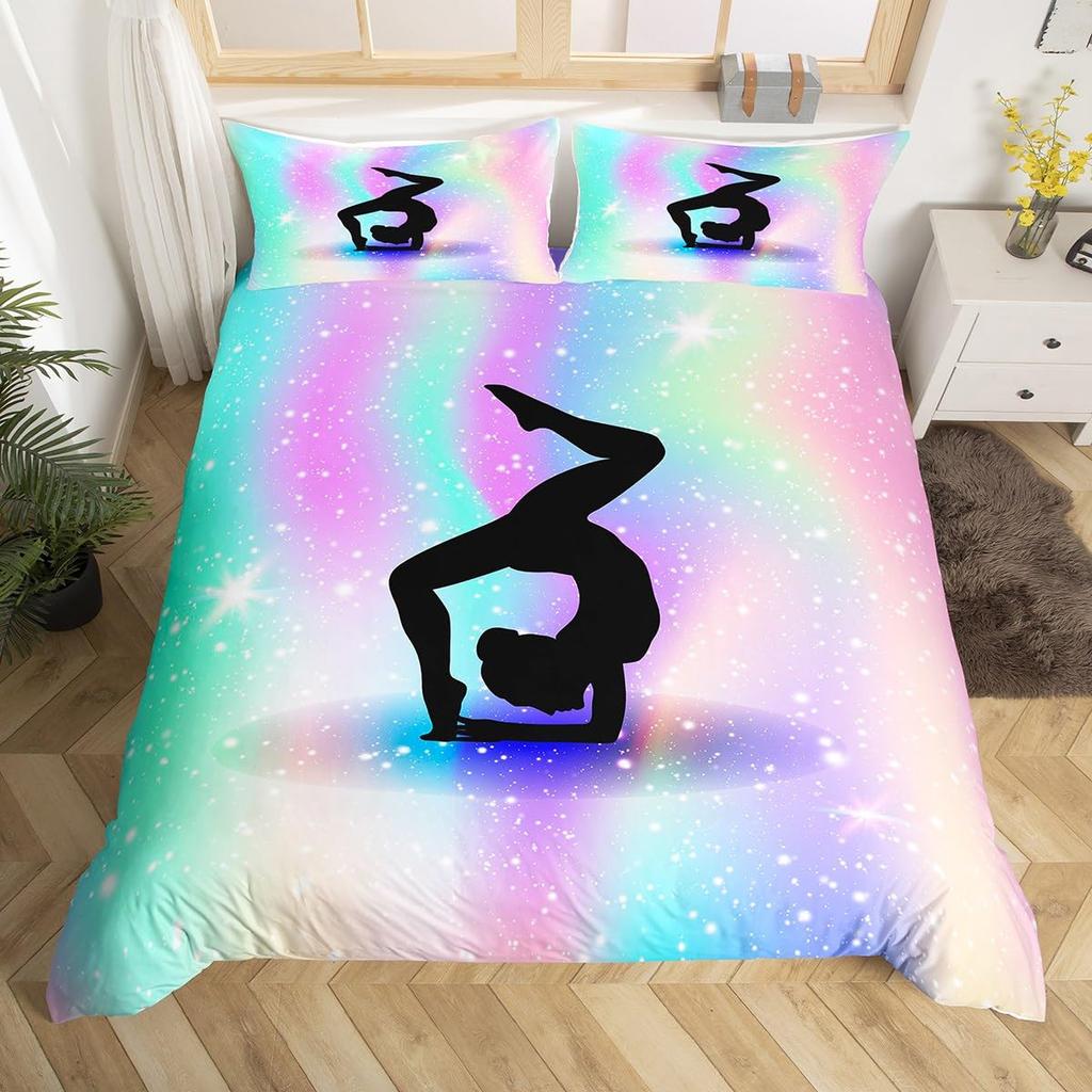 Rainbow Bedding Set for Girls Ballet Duvet Cover Dancing Ballerina Silhouette Comforter Cover Twin Tie Dye Starry Sky Bed Cover