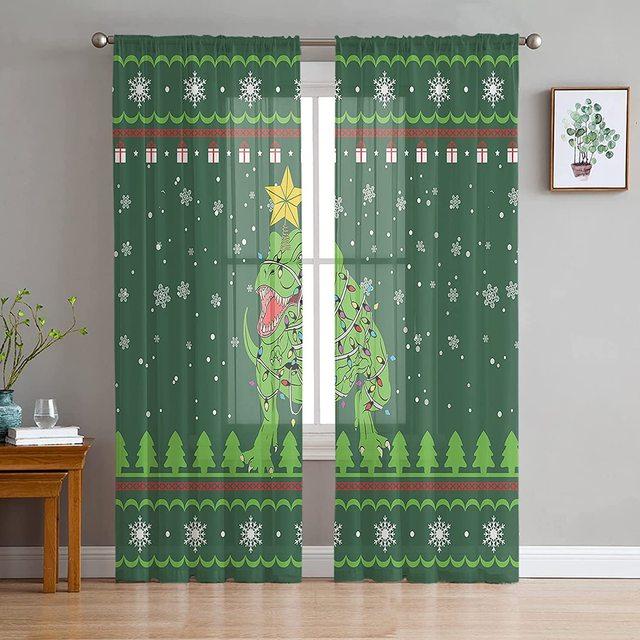 Merry Christmas Dinosaur Santa Claus Snowflake Sheer Voile Curtain Window Treatment For Living Room Party Backdrop Tulle Curtain