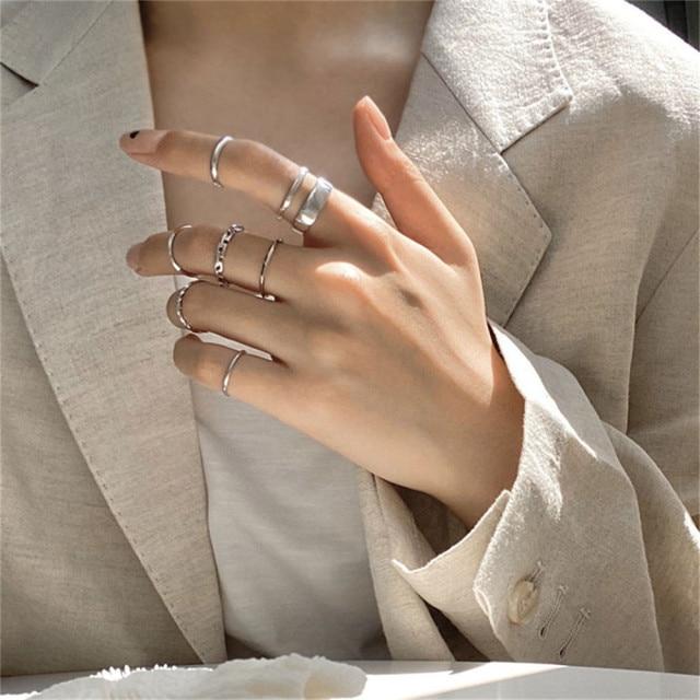 Hip Hop Rock Gold Color Chain Rings Set Girls Punk Geometric Sleek Minimalist Finger Rings Women Trend Jewelry Accessories Celebration Party Event