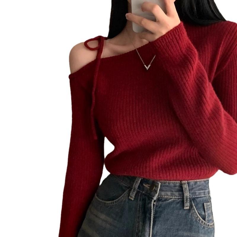 Red One Shoulder Lace Up Knitted Sweaters for Women Japanese Style Design Short Girls Tops Ladies Chic Shoulder Length Long Sleeved Pullovers
