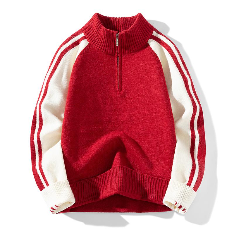 

Пуловер с длинным рукавом и полувысоким воротником на молнии для мужчин, свитер, вязаный повседневный, модный, осень-зима, стиль преппи, топы M красный