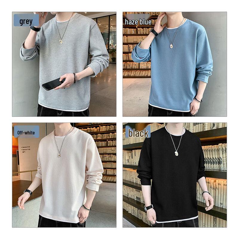 ROMON Men's Waffle Knit Faux Two-Piece Crewneck Sweatshirt